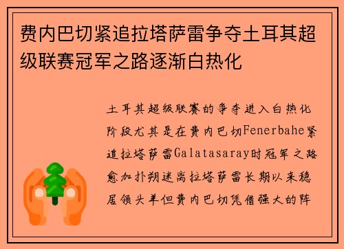 费内巴切紧追拉塔萨雷争夺土耳其超级联赛冠军之路逐渐白热化 费内巴切紧追拉塔萨雷争夺土耳其超级联赛冠军之路逐渐白热化